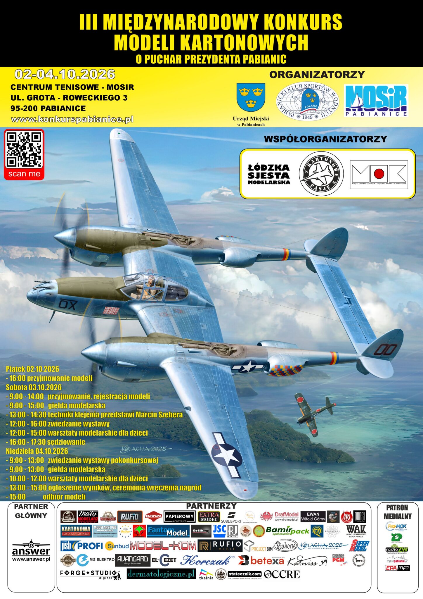 Plakat III Międzynarodowego Konkursu Modeli Kartonowych o Puchar Prezydenta Pabianic, 2–4 października 2026, Pabianice.
