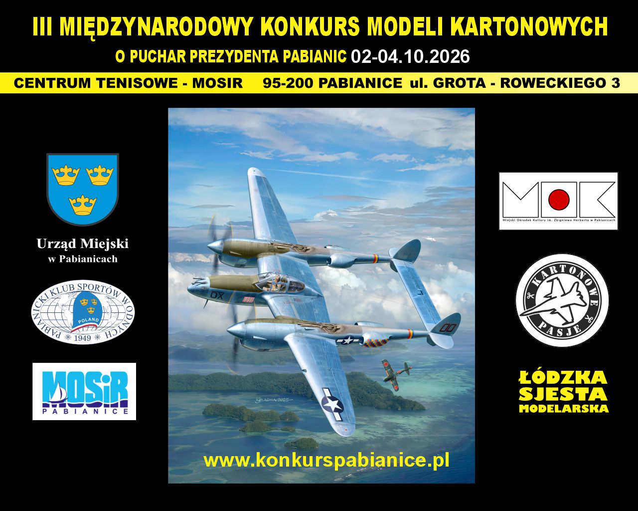 Plakat III Międzynarodowego Konkursu Modeli Kartonowych o Puchar Prezydenta Pabianic 2026 z grafiką samolotu P-38 Lightning.