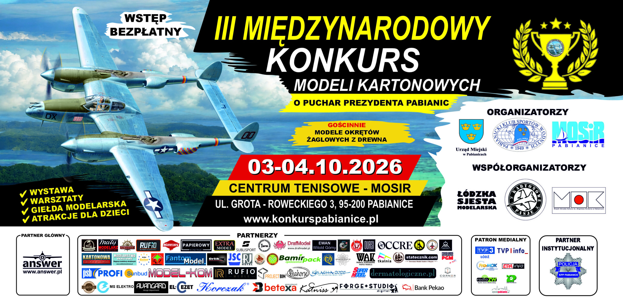 Plakat III Międzynarodowego Konkursu Modeli Kartonowych o Puchar Prezydenta Pabianic, 2–4 października 2026, Pabianice.