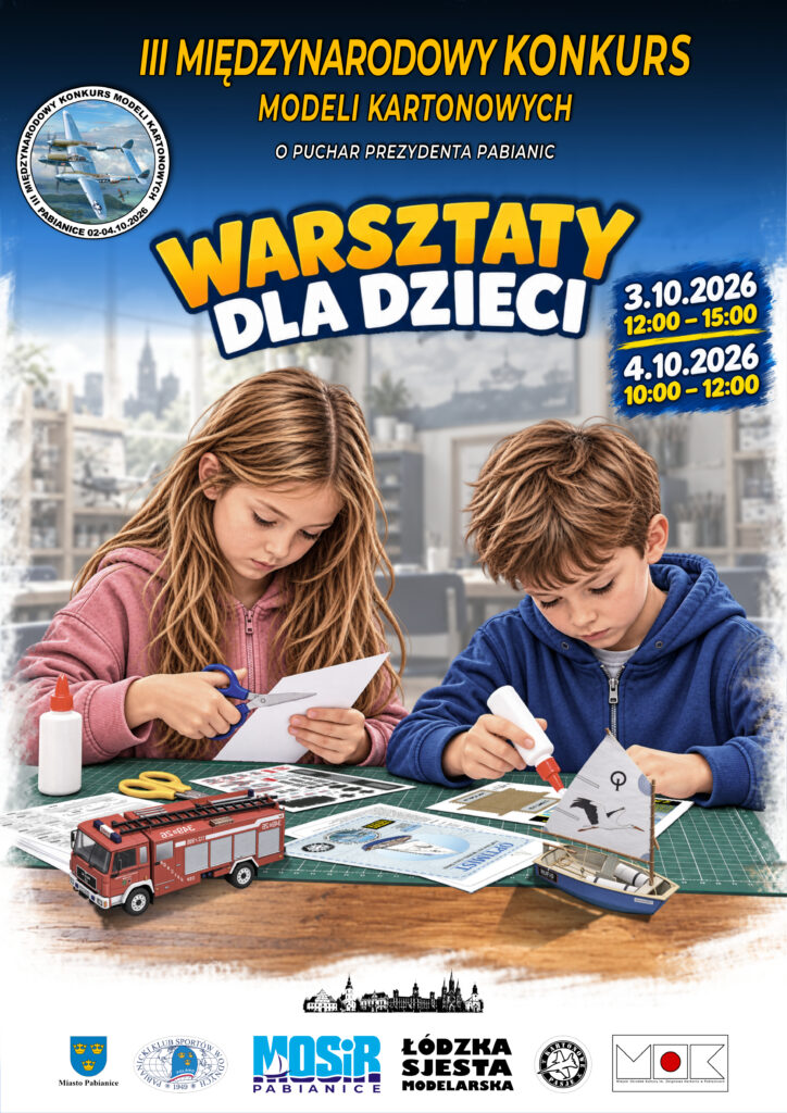 Plakat warsztaty dla dzieci z klejenia modeli z papieru